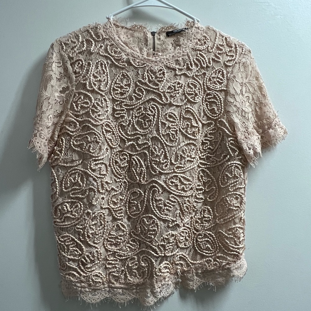 Zara Top Eyelash Lace Pink Crop Top with Zipper Size Medium